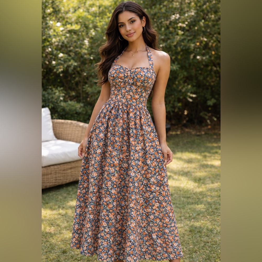 SHEIN Blue and Orange Floral Dress